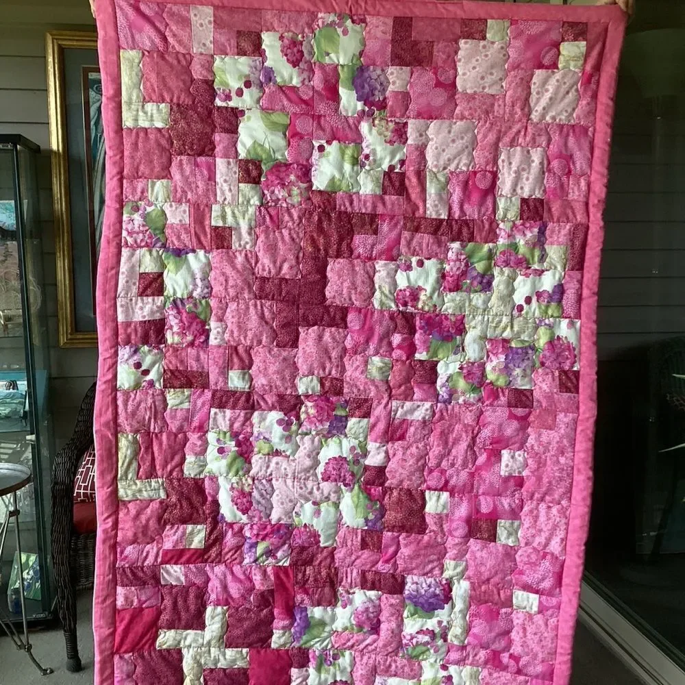 NWT. Hand Crafted Gold and Pink Hydrangea Lap Quilt